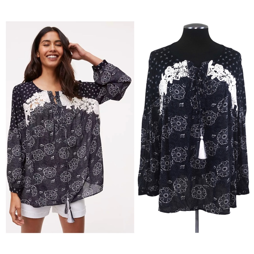 LOFT - Secret Garden Tie Front Lace Floral Peasant Blouse - Small
